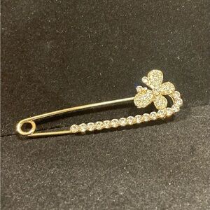 Gold Safety Pin Brooch with Rhinestones